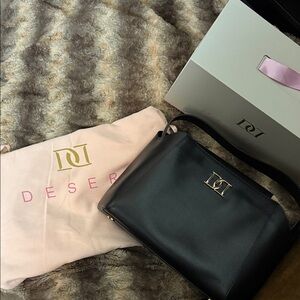Deseri Black Leather Shoulder Bag with Gold Hardware